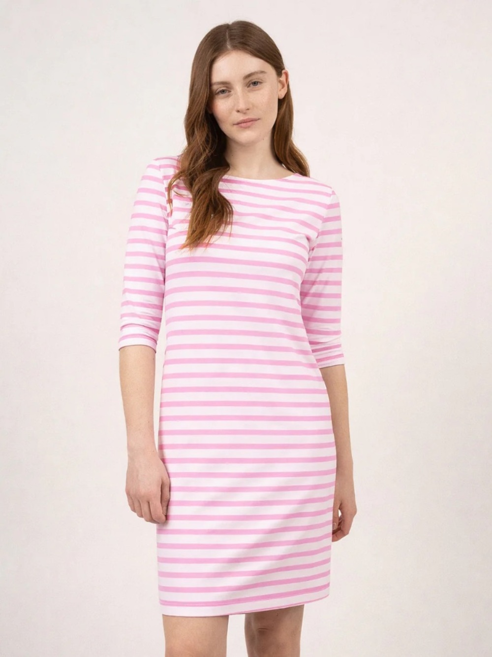 SAINT JAMES Pink Striped breathable  100% Cotton Breton 3/4 sleeve Midi Dress